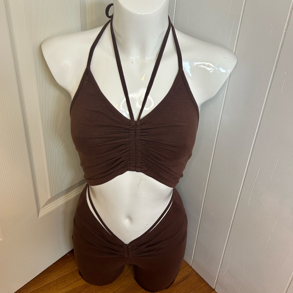 Festival-Ready: Brown Matching Pants and Cinching Crop Top Set